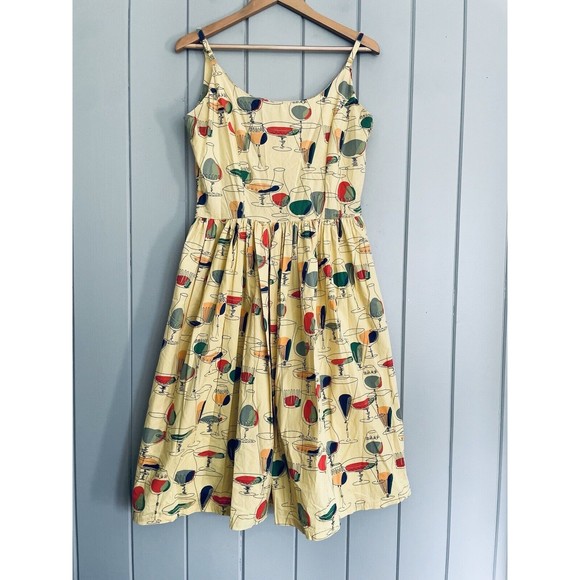Bettie Page Dresses & Skirts - Bettie Page Tatyana Dress M Medium Yellow Drinks On Me Circle Shirt Sleeveless